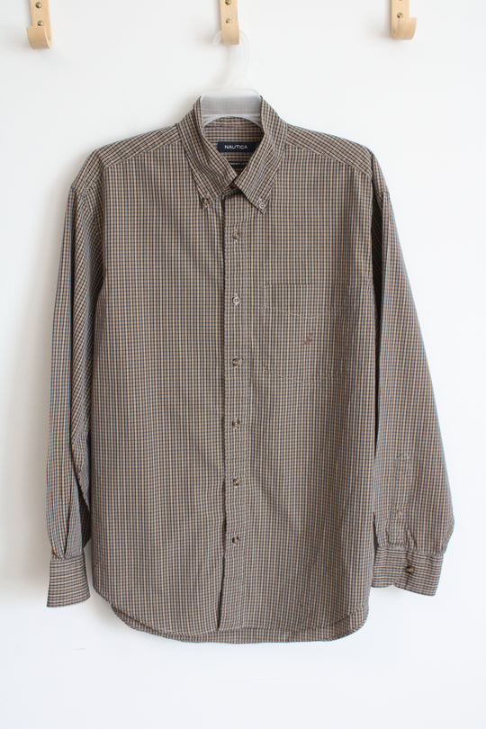 Nautica Gold and Blue Checkered Long Sleeve Button Down Shirt | M