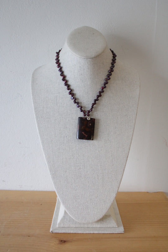 Purple Genuine Pearl Rectangular Stone Pendant Necklace