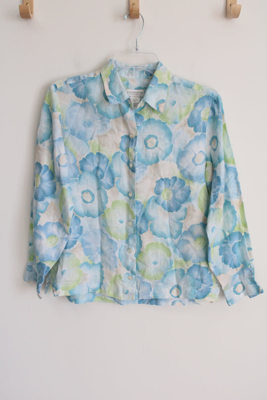 Liz Claiborne Linen Blue Green Floral Button Down | S