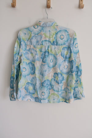 Liz Claiborne Linen Blue Green Floral Button Down | S