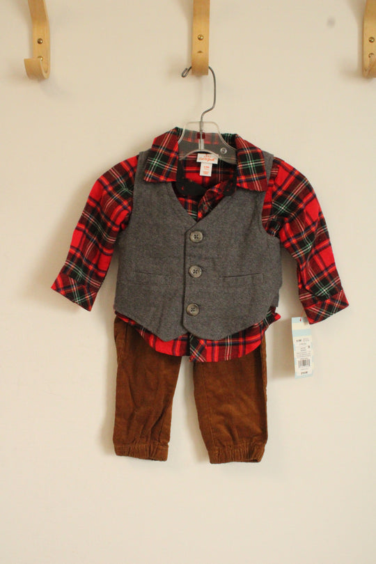 NEW Cat & Jack Red and Green Plaid Flannel with Gray vest and Brown Corduroy Pants 3 Piece Set | 6-9MO