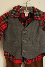NEW Cat & Jack Red and Green Plaid Flannel with Gray vest and Brown Corduroy Pants 3 Piece Set | 6-9MO