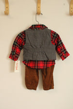 NEW Cat & Jack Red and Green Plaid Flannel with Gray vest and Brown Corduroy Pants 3 Piece Set | 6-9MO