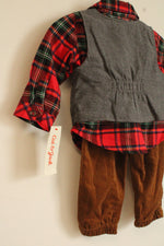 NEW Cat & Jack Red and Green Plaid Flannel with Gray vest and Brown Corduroy Pants 3 Piece Set | 6-9MO