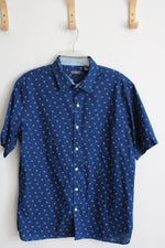 Van Heusen Blue Slim Fit Button Down Short Sleeve Shirt with Fish Design | L