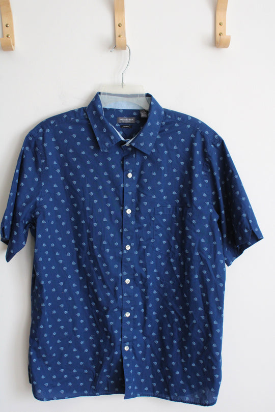 Van Heusen Blue Slim Fit Button Down Short Sleeve Shirt with Fish Design | L