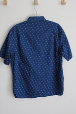 Van Heusen Blue Slim Fit Button Down Short Sleeve Shirt with Fish Design | L