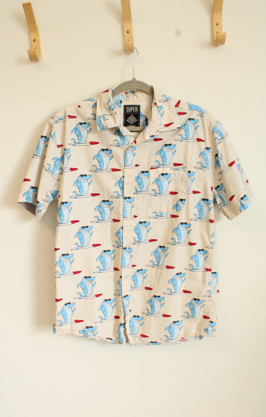Super Massive Surfing Shark Button Down Short Sleeved Shirt | M