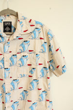 Super Massive Surfing Shark Button Down Short Sleeved Shirt | M