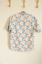 Super Massive Surfing Shark Button Down Short Sleeved Shirt | M