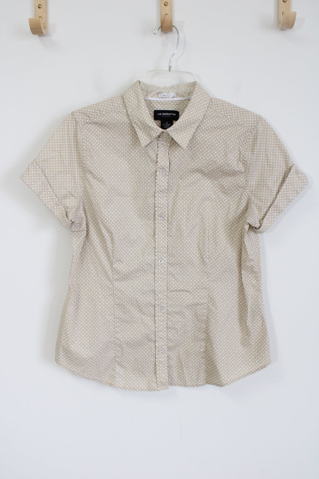 Liz Claiborne Career Tan White Patterned Cotton Button Down Shirt | M
