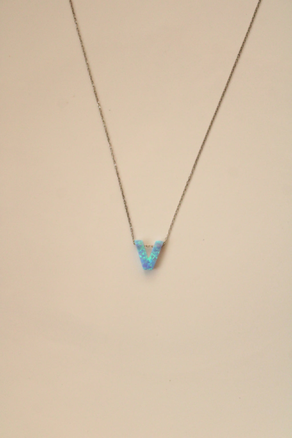 "V" Initial Opal Blue Pendant Sterling Silver Necklace