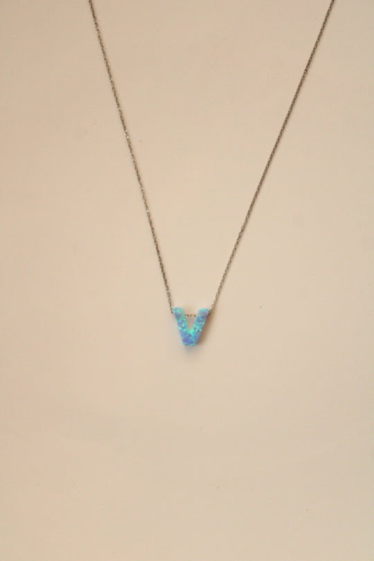 "V" Initial Opal Blue Pendant Sterling Silver Necklace