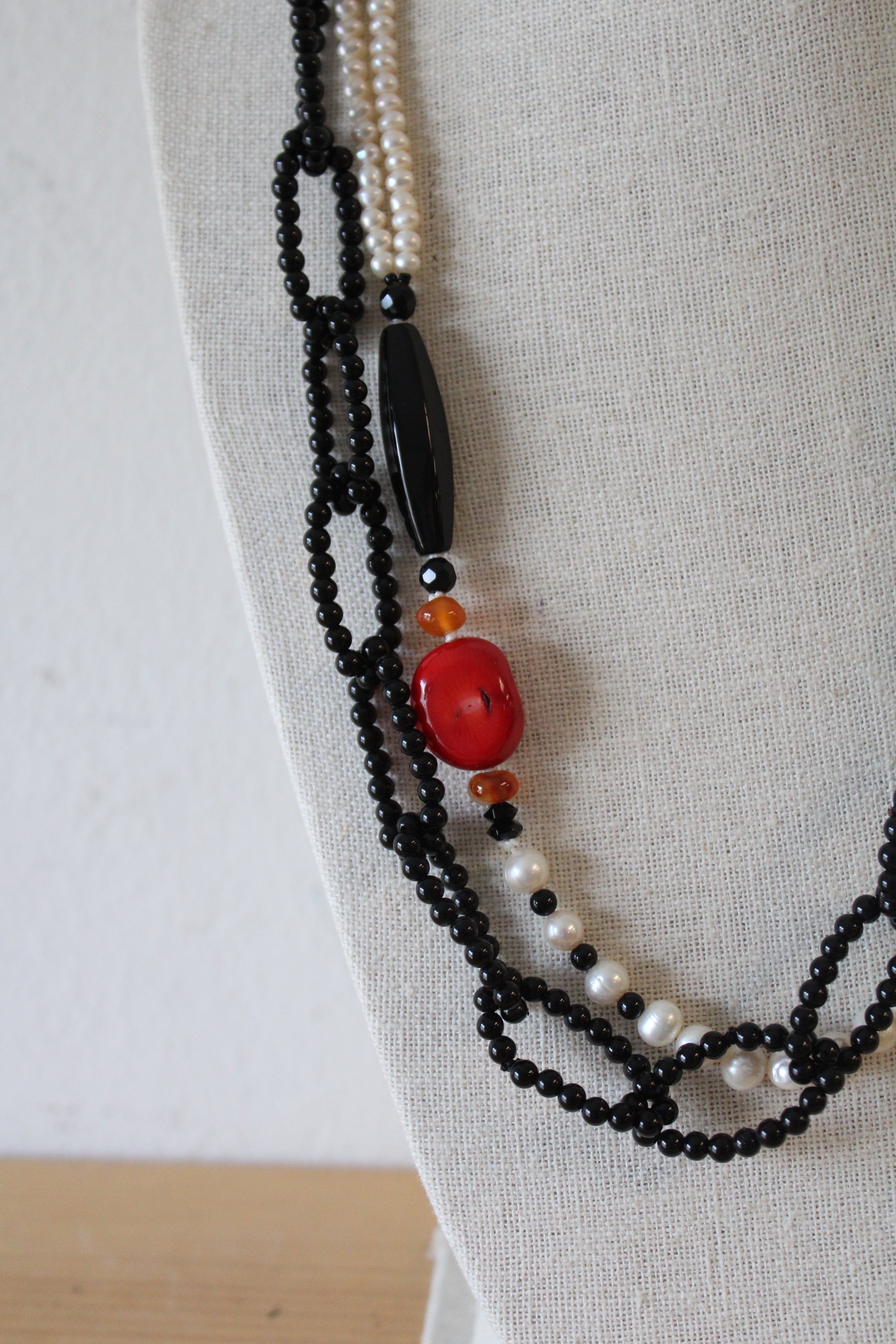 Genuine Pearl & Black Beaded Chai Link Necklace