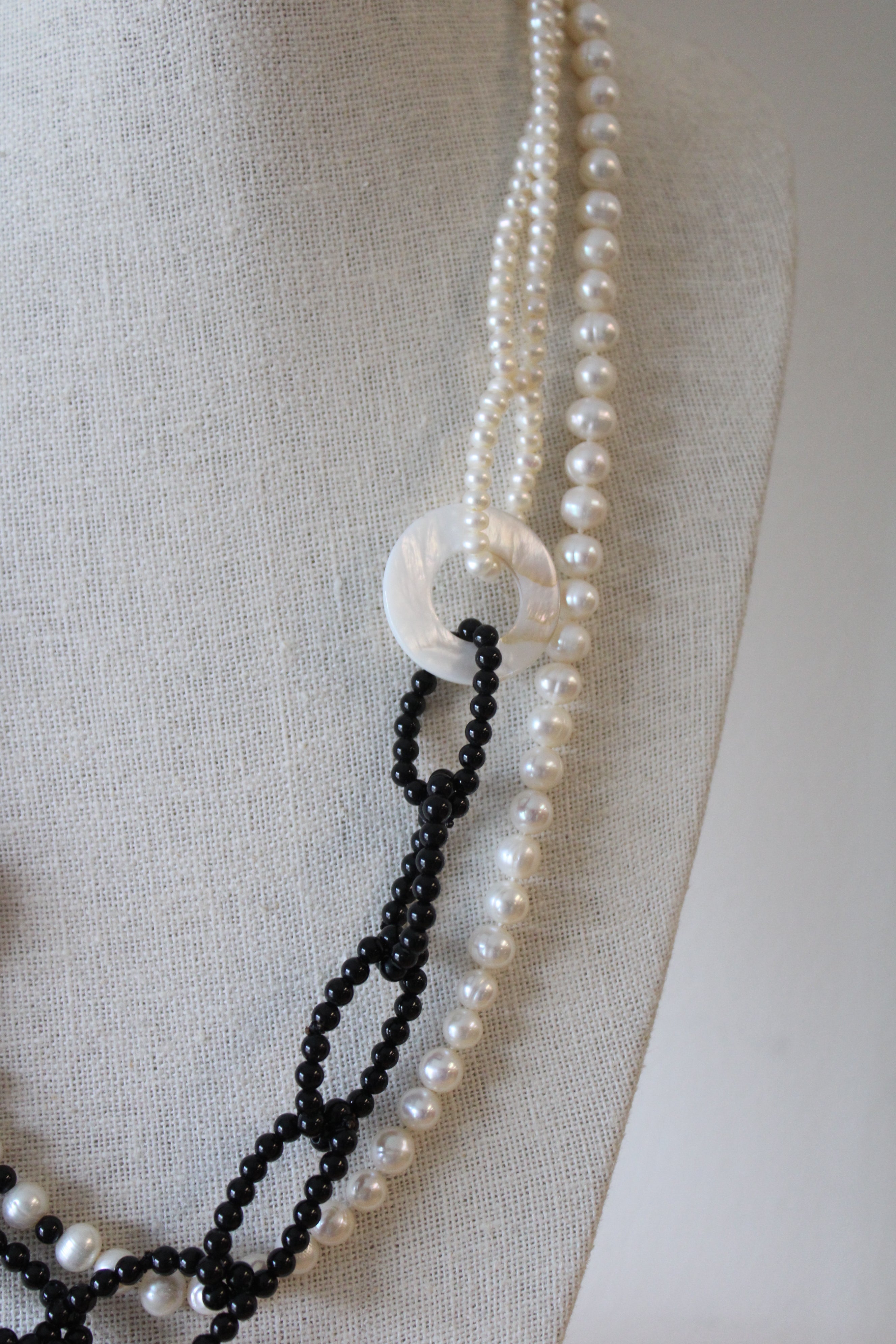 Genuine Pearl & Black Beaded Chai Link Necklace