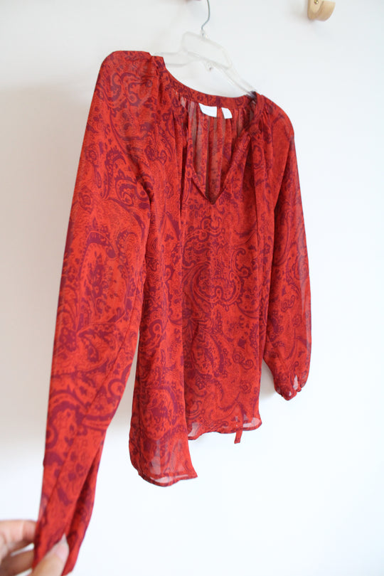 New York & Company Brick Red Paisley Print Sheer Long Sleeved Blouse | XS