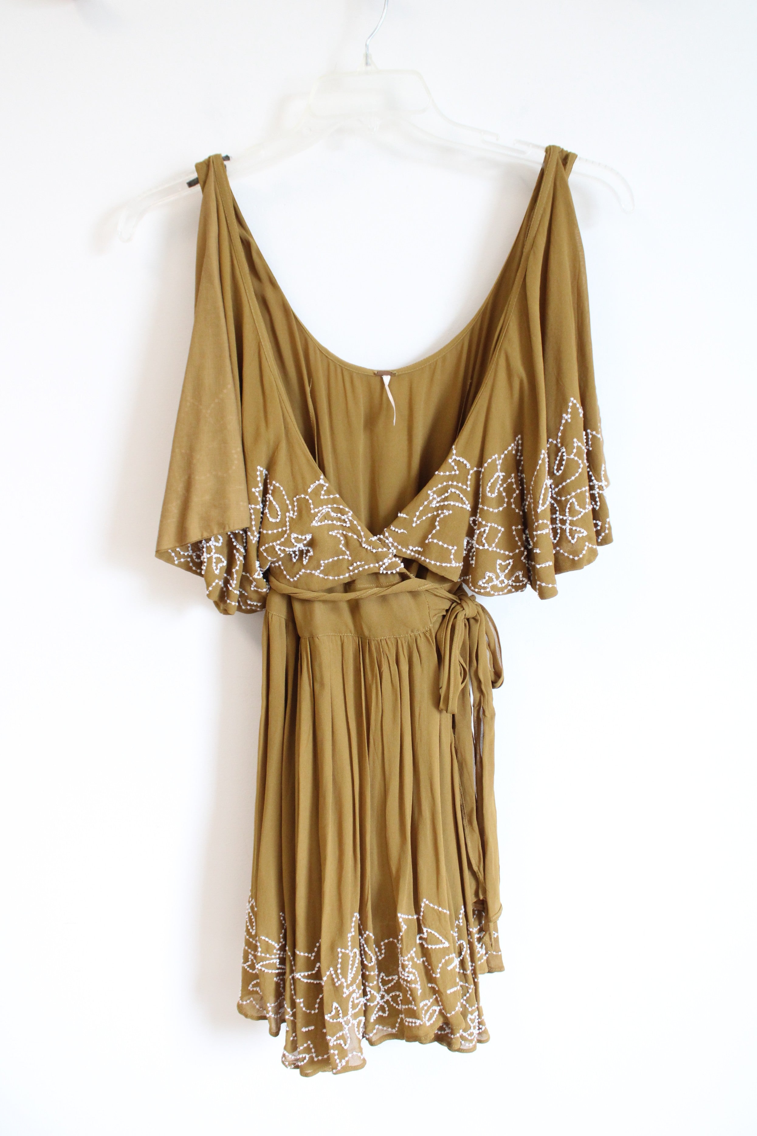 Free People Olive Green Yellow Beaded Sylvia Wrap Dress | M Jubilee Thrift Free People Olive Green Yellow Beaded Sylvia Wrap Dress | M Jubilee Thrift