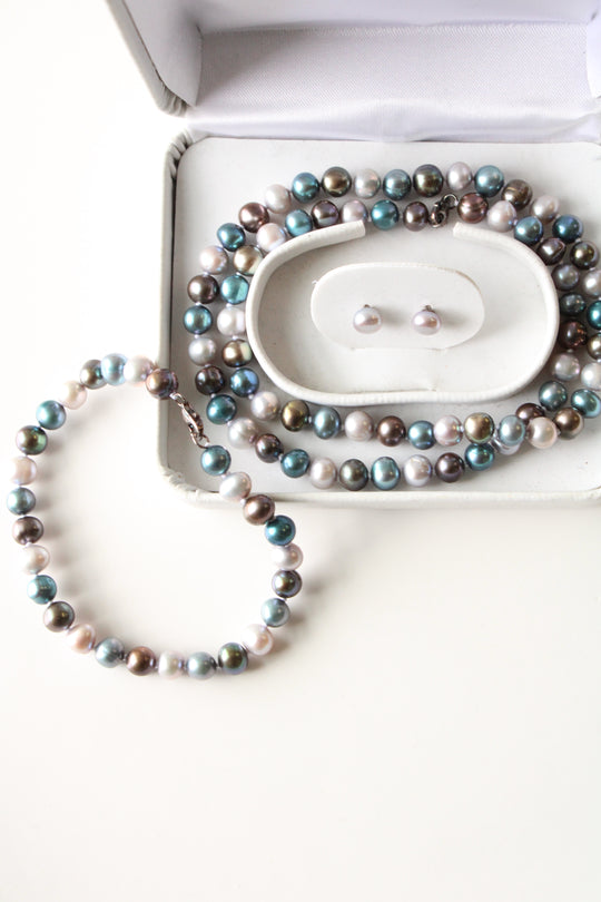 Blue & Gray Genuine Pearl 3 Piece Jewelry Set