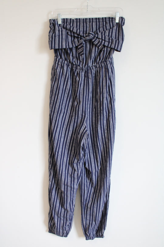 Aerie Blue Striped Bow Strapless Jumpsuit | S Petite