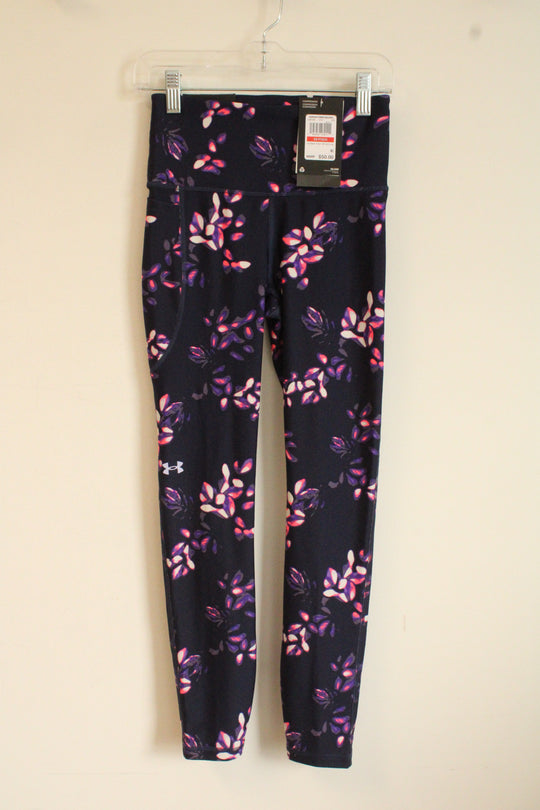 NEW Under Armour Navy blue Purple and Pink Neon Flower Compression Leggings | XS