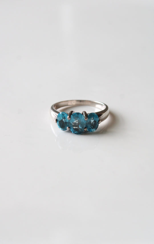 Blue Topaz Tri-Stone Sterling Silver Ring | Size 10
