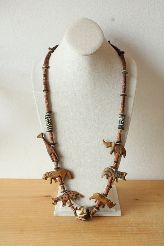 Vintage African Wooden Carved Animal Beaded Necklace