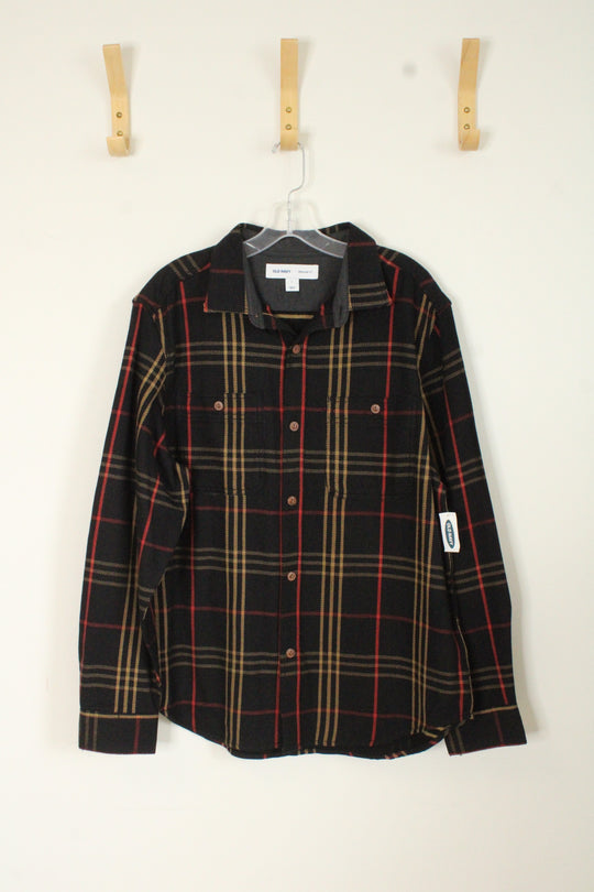 Old Navy Black Plaid Long-sleeve Flannel Shirt | L