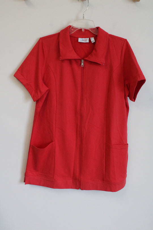 D&Co. Red Zip Up Short Sleeved Top | M