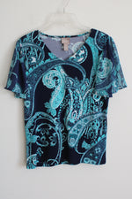 Chico's Blue Floral Short Sleeve V Neck Top | S
