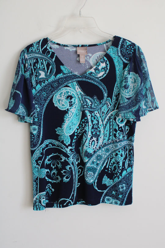 Chico's Blue Floral Short Sleeve V Neck Top | S