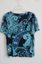 Chico's Blue Floral Short Sleeve V Neck Top | S