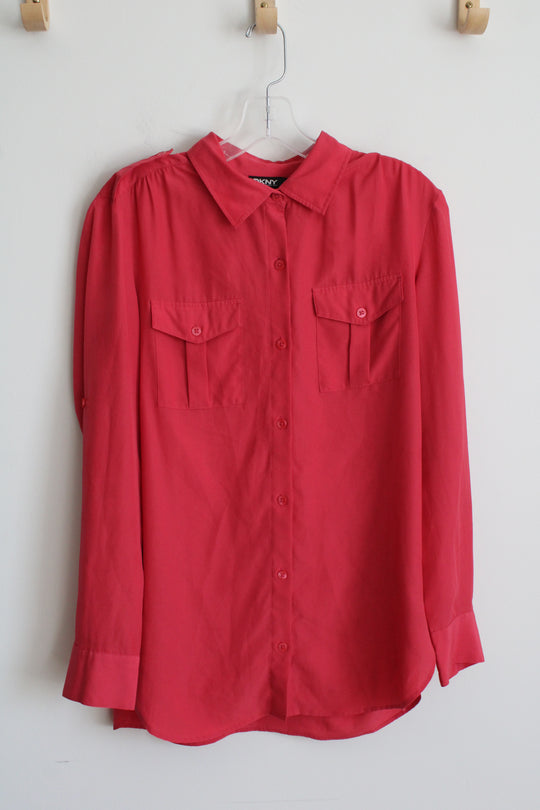 DKNY Red Button Down Long Sleeve Shirt with Button Flap Patch Pockets | S