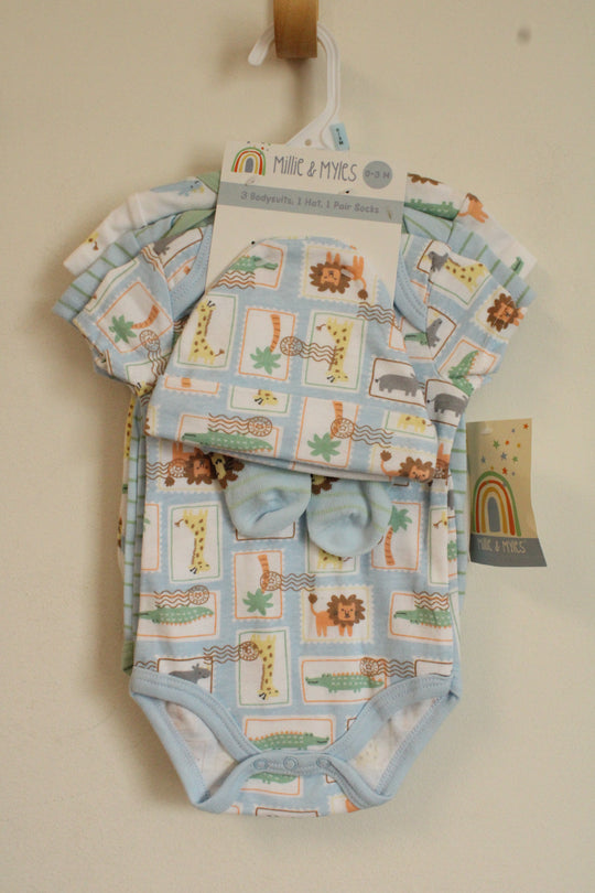 NEW Millie and Miles Safari 3 piece Onesie Set with Hat and Socks | 0-3MO