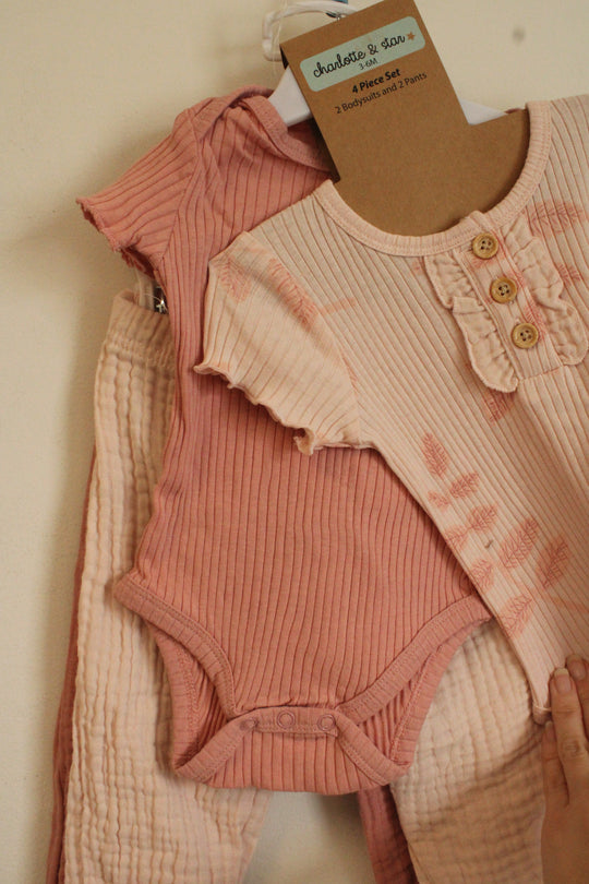 NEW Charlotte and Star Pink and Coral Cotton 4 piece Set with 2 Ribbed Onesies and 2 Waffle knit Pants | 3-6MO