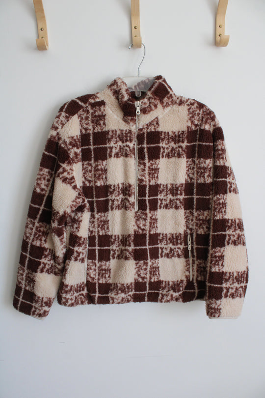 Offline by Aerie Brown and Cream Plaid Half Zip Jacket | M