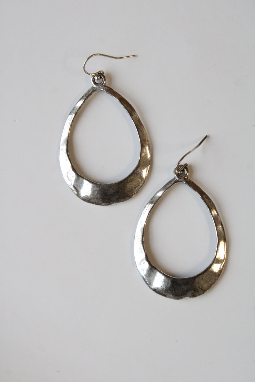 Hammered Sterling Silver Hollow Oval Dangle Earrings