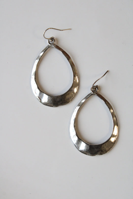Hammered Sterling Silver Hollow Oval Dangle Earrings