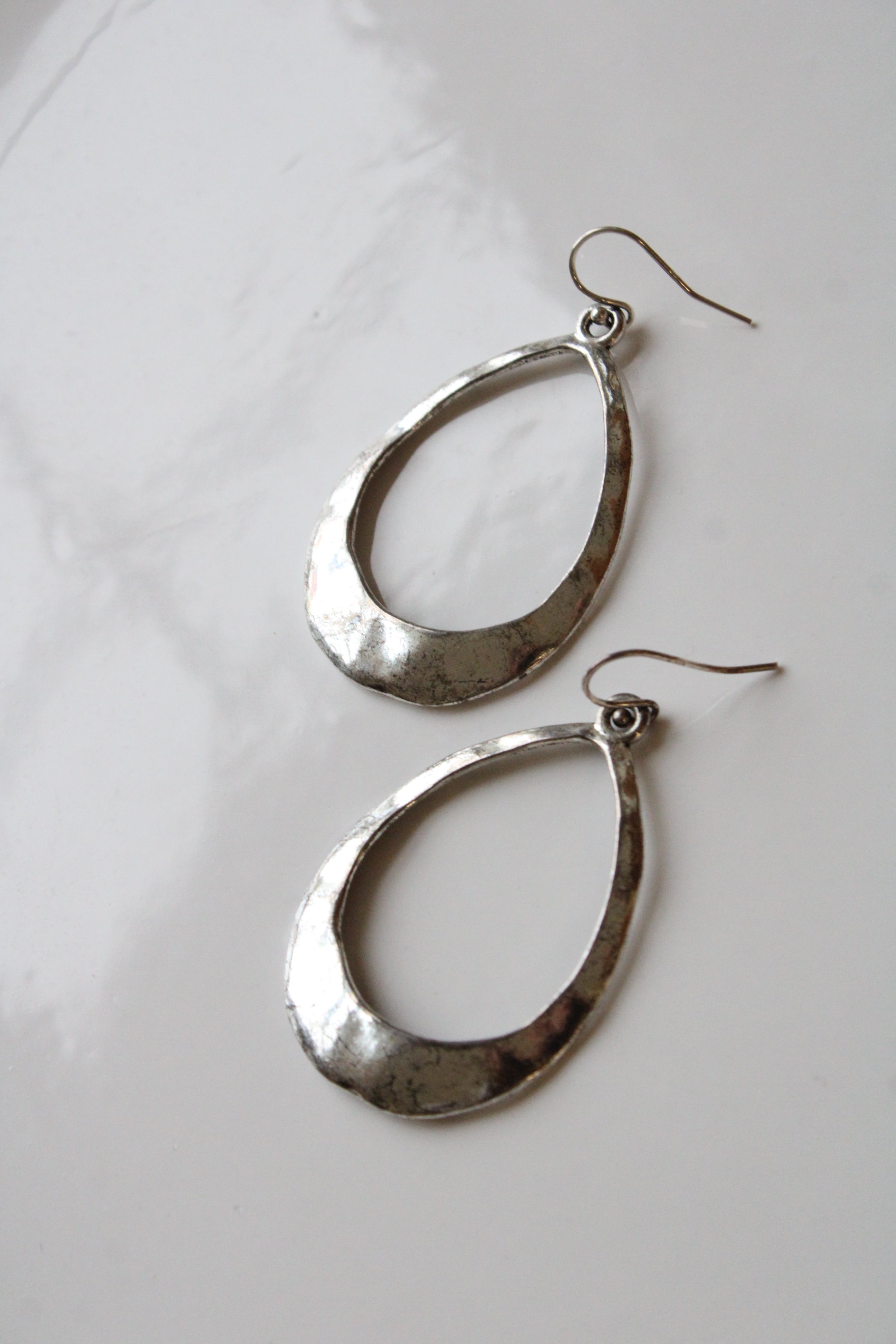 Hammered Sterling Silver Hollow Oval Dangle Earrings