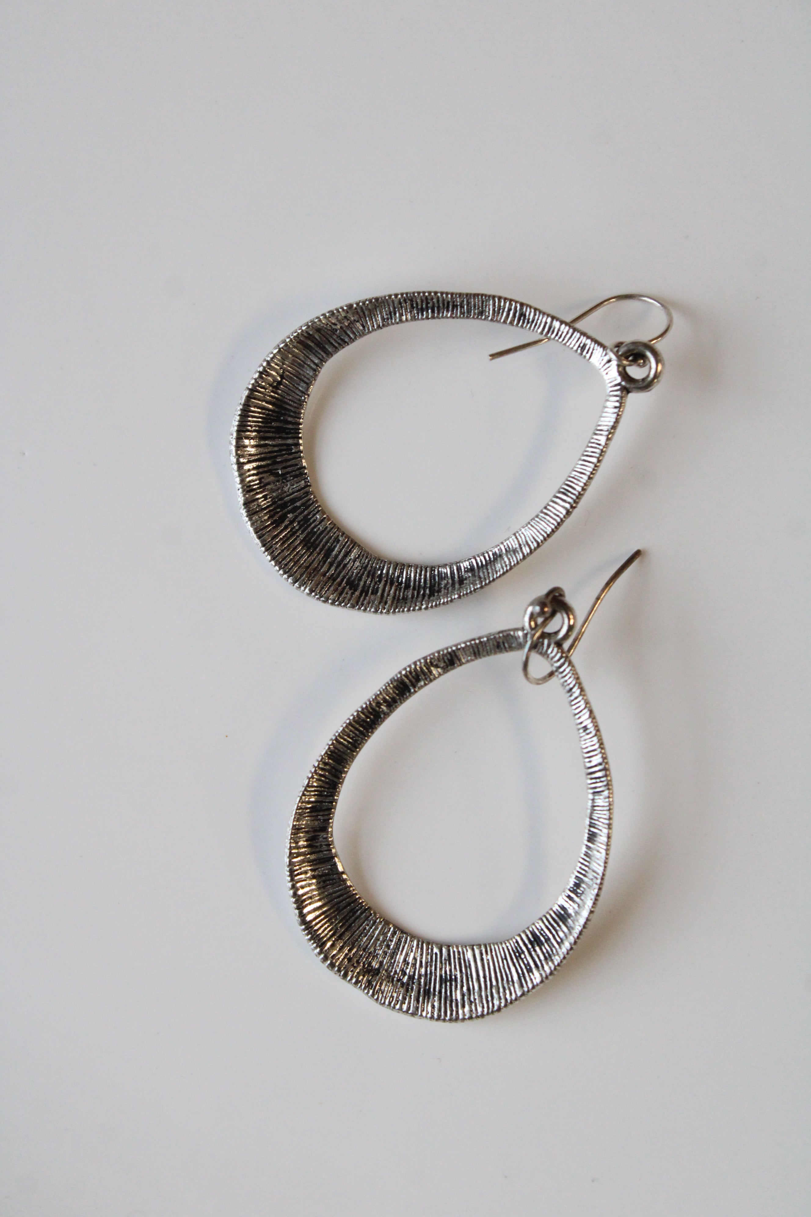 Hammered Sterling Silver Hollow Oval Dangle Earrings