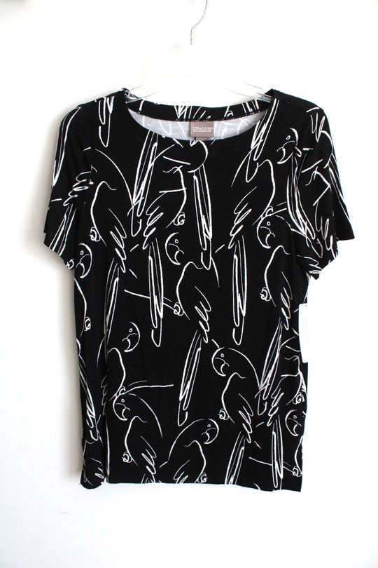 NEW Chico's Black Parrot Design Short Sleeve Tropical Top | 0