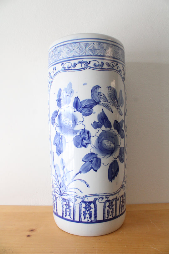 Vintage Chinoiserie Hand Painted Blue Floral Porcelain Umbrella Stand