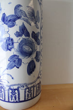 Vintage Chinoiserie Hand Painted Blue Floral Porcelain Umbrella Stand