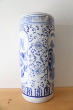 Vintage Chinoiserie Hand Painted Blue Floral Porcelain Umbrella Stand