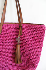 NEW Ralph Lauren Fuschia Straw Whitney Medium Tote