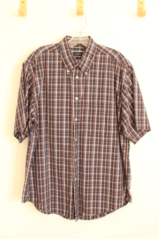 Izod Blue and Red Cotton Plaid SS Button Down Shirt | L