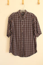 Izod Blue and Red Cotton Plaid SS Button Down Shirt | L
