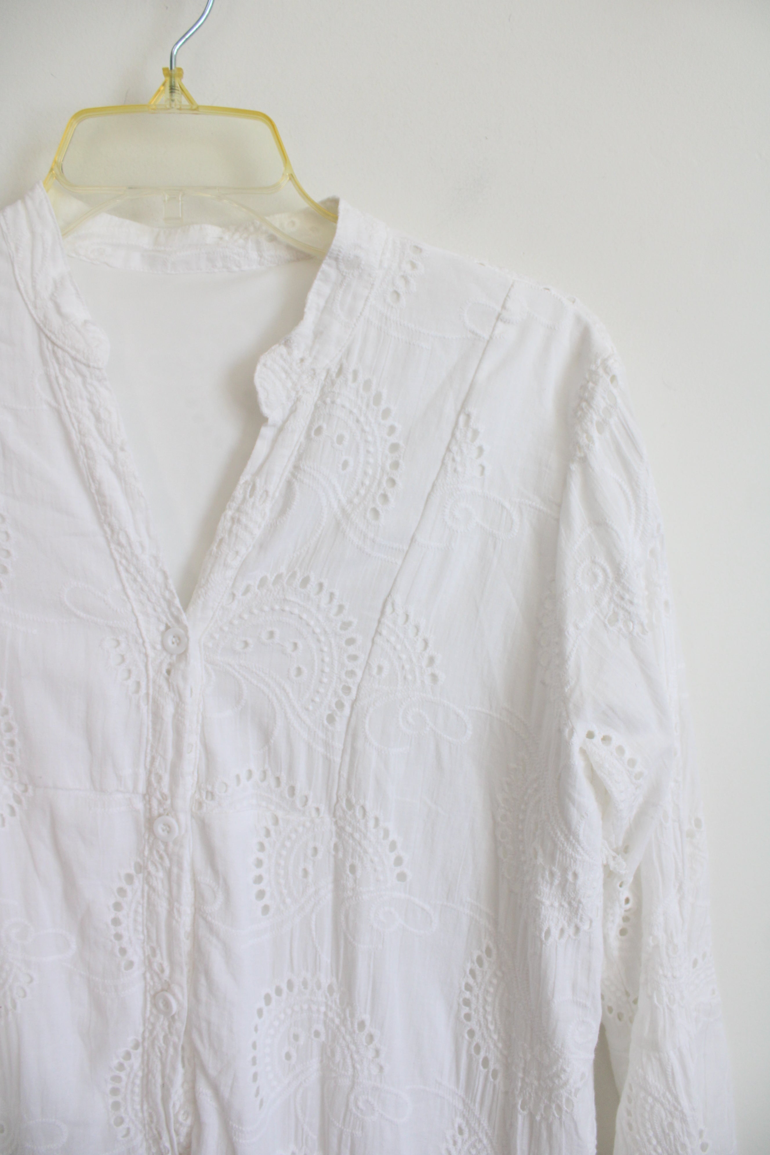 White Cotton Eyelet Long Sleeved Dress | L