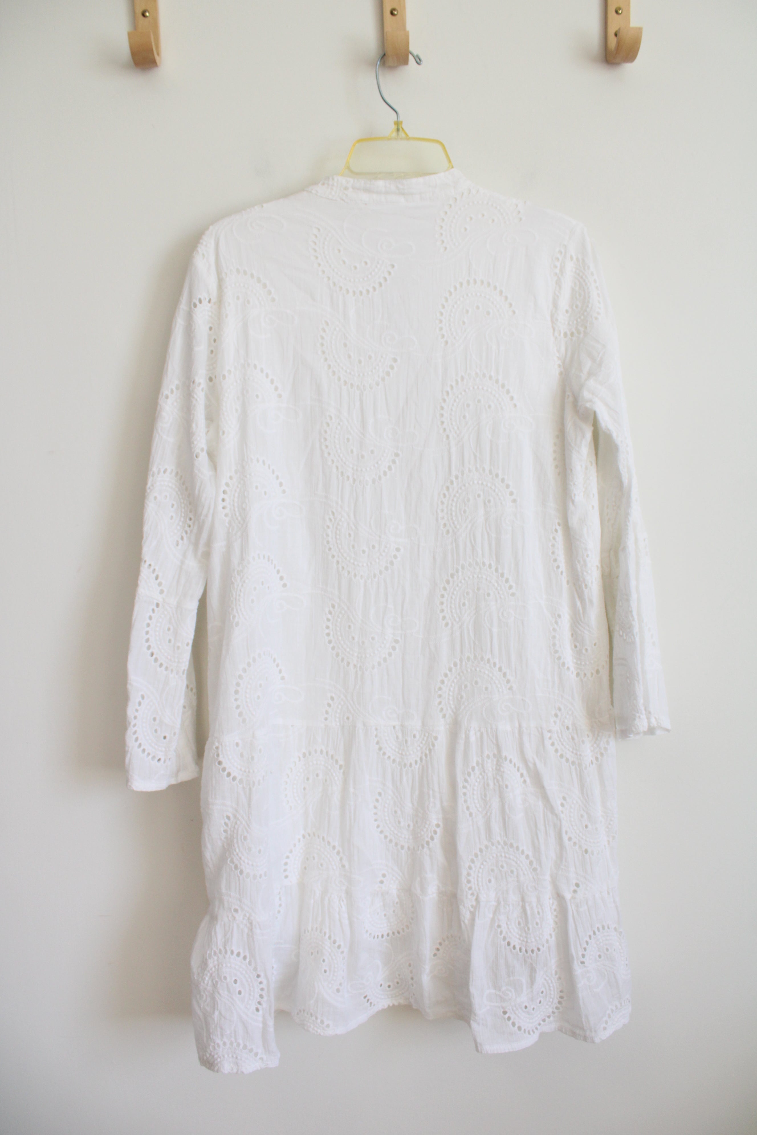 White Cotton Eyelet Long Sleeved Dress | L