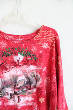 NEW Holiday Editions Christmas Scene Red Long Sleeved Top | 2X