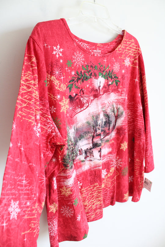 NEW Holiday Editions Christmas Scene Red Long Sleeved Top | 2X